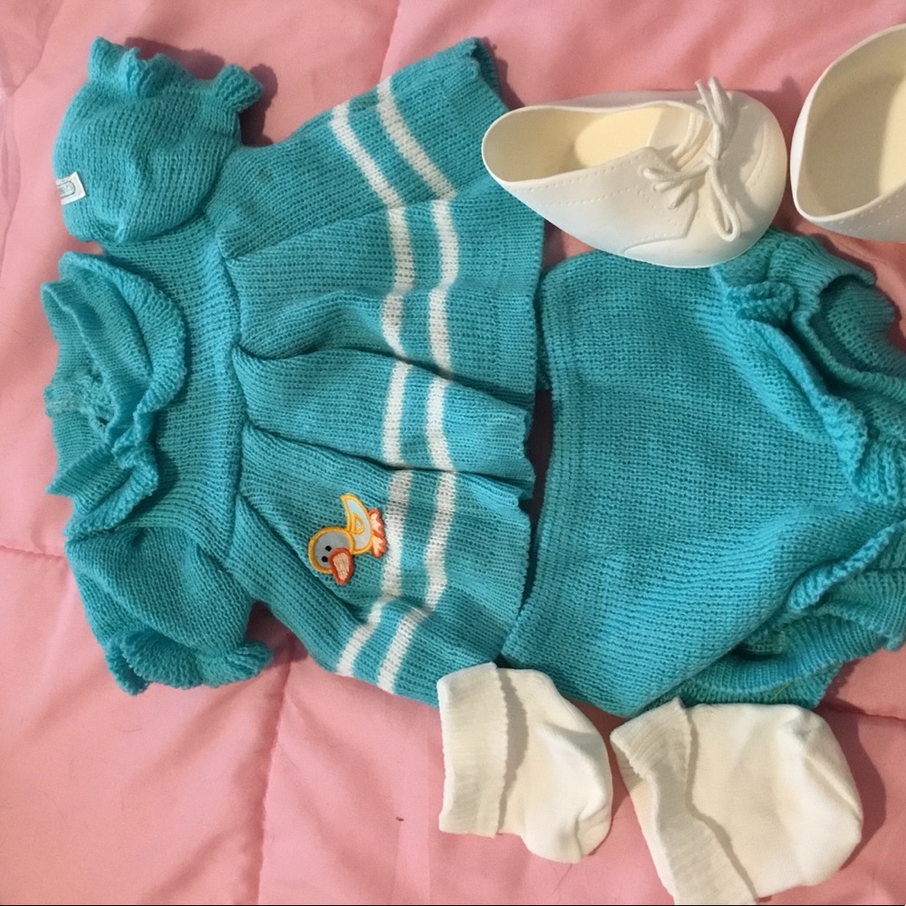 Vintage Outfit for cabbage Patch doll, top, bottom, shoes and socks, blue